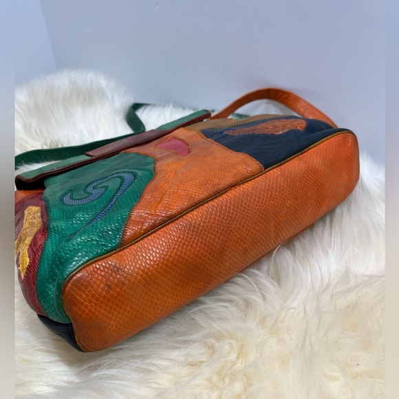Vintage Sharif 1980s Genuine Leather and Snake Color-blockShoulder Bag - Picture 3 of 17
